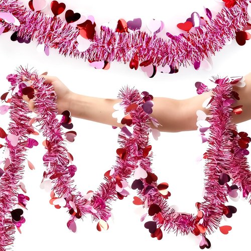 55.77 FT Valentines Day Garland Decor Red Pink Purple Heart Tinsel Garland Metallic Glitter Hanging Garlands Valentines Day Decorations for Tree Mantel Home Indoor Wedding Galentines Party.
