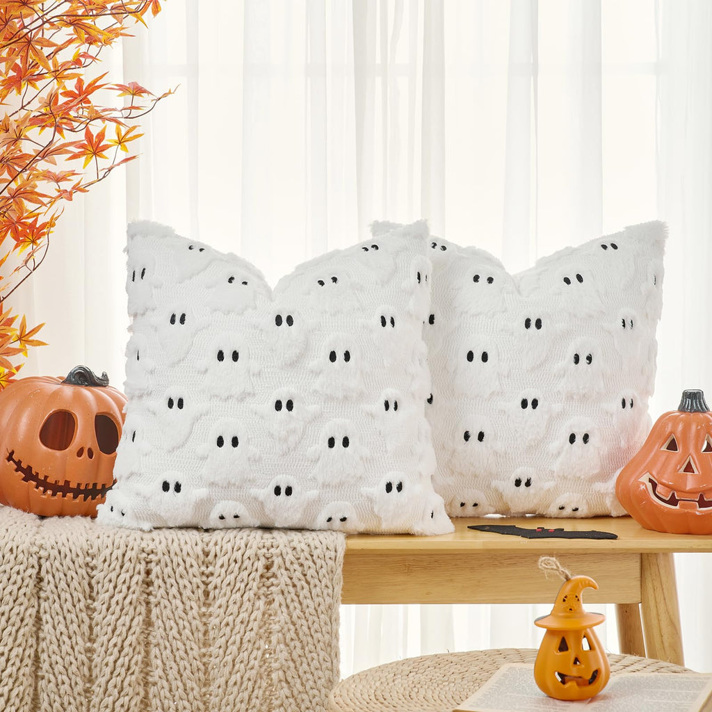 Volcanics Halloween Ghost Pillow Covers 20x20 Set of 2, White Plush Faux Fur Decorative Throw Cushion Cases for Fall Autumn Holiday Home Decor - Soft Farmhouse Style for Sofa, Couch, and Bedroom