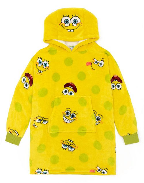 SPONGEBOB SQUAREPANTS Kids Wearable Hooded Blanket | Boys & Girls Yellow All Over Print Fleece Hoodie | Cozy Loungewear