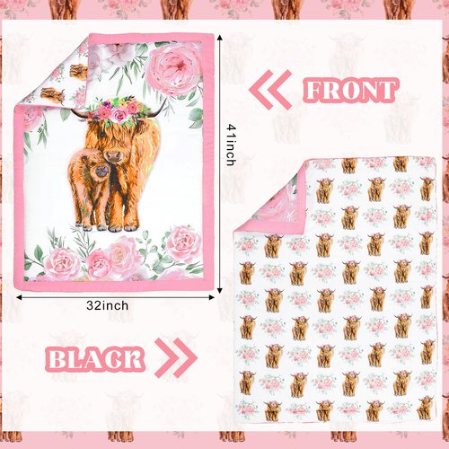 Hahafelt 3 Piece Highland Cow Baby Crib Bedding Set for Baby Girls Pink Floral Nursery Crib Sets Includes Quilt,Fitted Crib Sheet, Crib Skirt for Newborns Baby Boy Girl