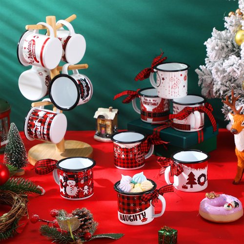 Sliner 12 Pcs Christmas Mini Coffee Mugs Bulk with Ribbon Plaid 8.5 oz Xmas Enamelware Metal Mug with Black Rim for Home Tiered Tray Table Kitchen Decoration Housewarming Gifts(Lovely)
