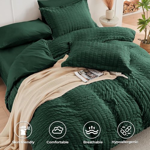HYMOKEGE Twin XL Comforter Set - Emerald Green Seersucker 5-Piece Luxury Bedding Set
