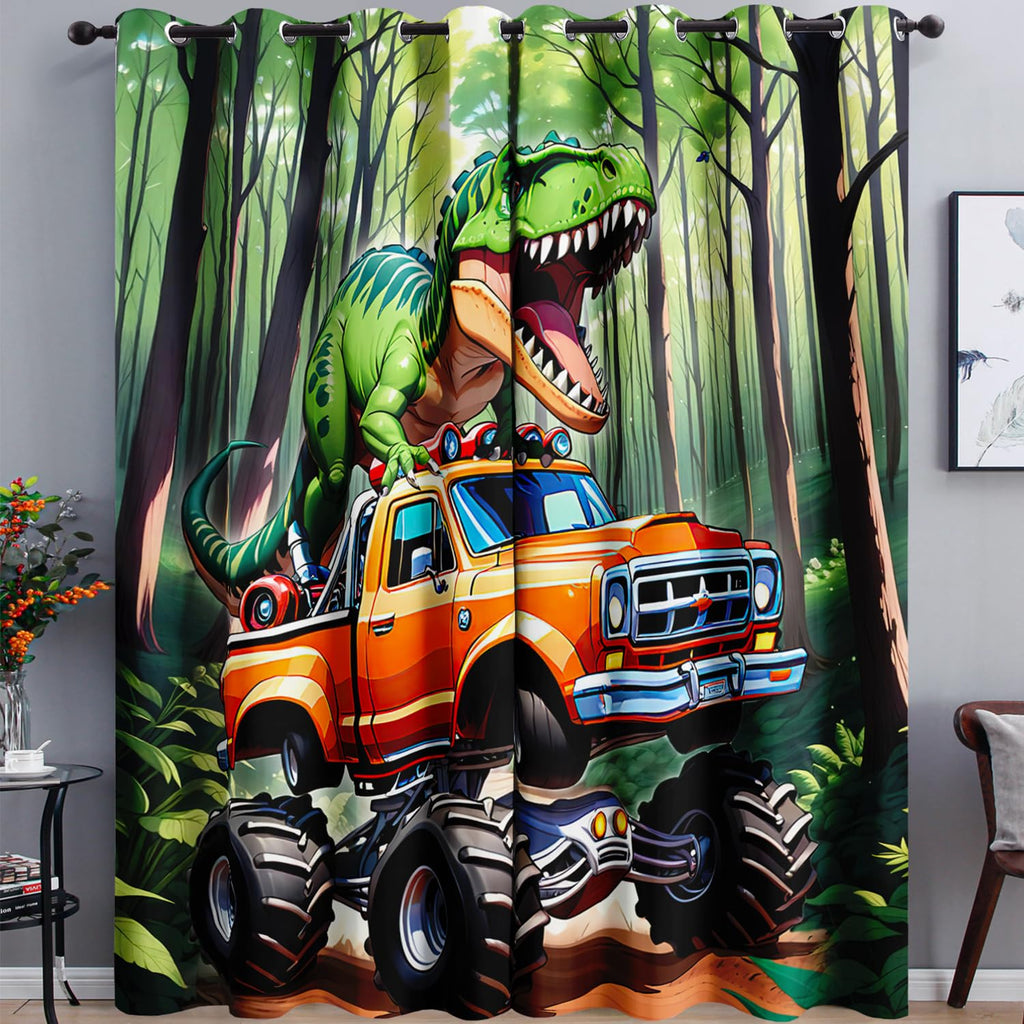 AILONEN Cartoon Truck Dinosaur Window Curtain,Kawaii Dinosaur Drapes Curtains for Bedroom Living Room for Boys Kids,Tropical Wildlife Window Treatments Drapes, 42" W x 63" H (2 Panels)