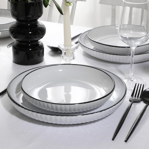 Christian Siriano Lustra Modern 16-Piece Stoneware Dinnerware Set, Plates and Bowls Set, Dinner and Salad Plates, Ramen Bowls, Dishes for 4, White