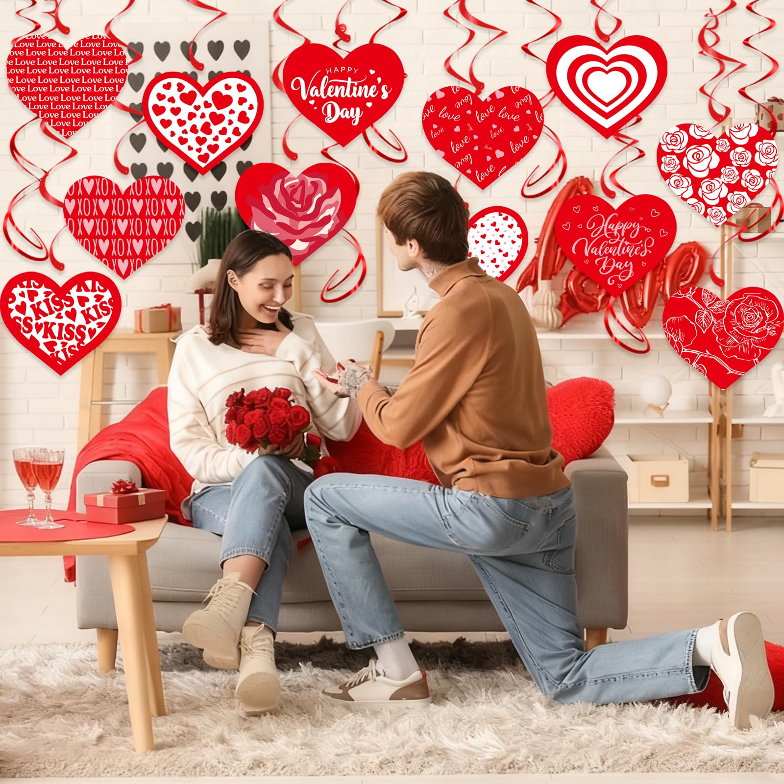 Valentine's Day Hanging Swirls, 30Pcs Love Heart Swirls Ceiling Decorations for Happy Valentines Day Galentines Anniversary Party Supplies
