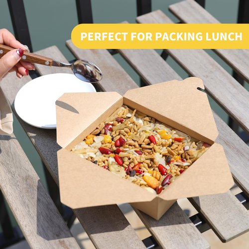 GHEIR 68 oz Take Out Food Containers 100 Pack, Disposable Kraft Paper To Go Containers Boxes, Microwaveable Leak and Grease Proof Take Out Boxes for Restaurant, Catering and Party