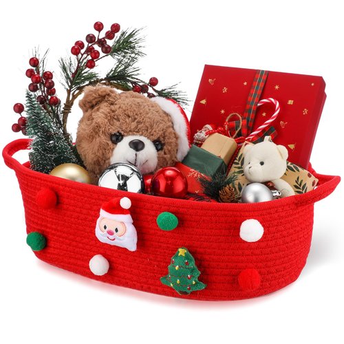 FoldTier 1 Pack Christmas Gift Basket Empty 15 x 9.9 x 5.1 Inch Santa Red Christmas Storage Bin with Handles, Woven Cotton Rope Basket for Gifts Holiday Treats Party Supplies, Home Xmas Decorations