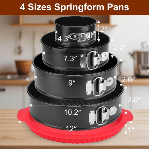 isheTao Springform Pan Set of 4, 4/7/9/10inch Cake Pans with Leakproof Silicone Protector, Non-Stick Leak-Proof with Removable Bottom, Cheesecake Pan for Baking, Black