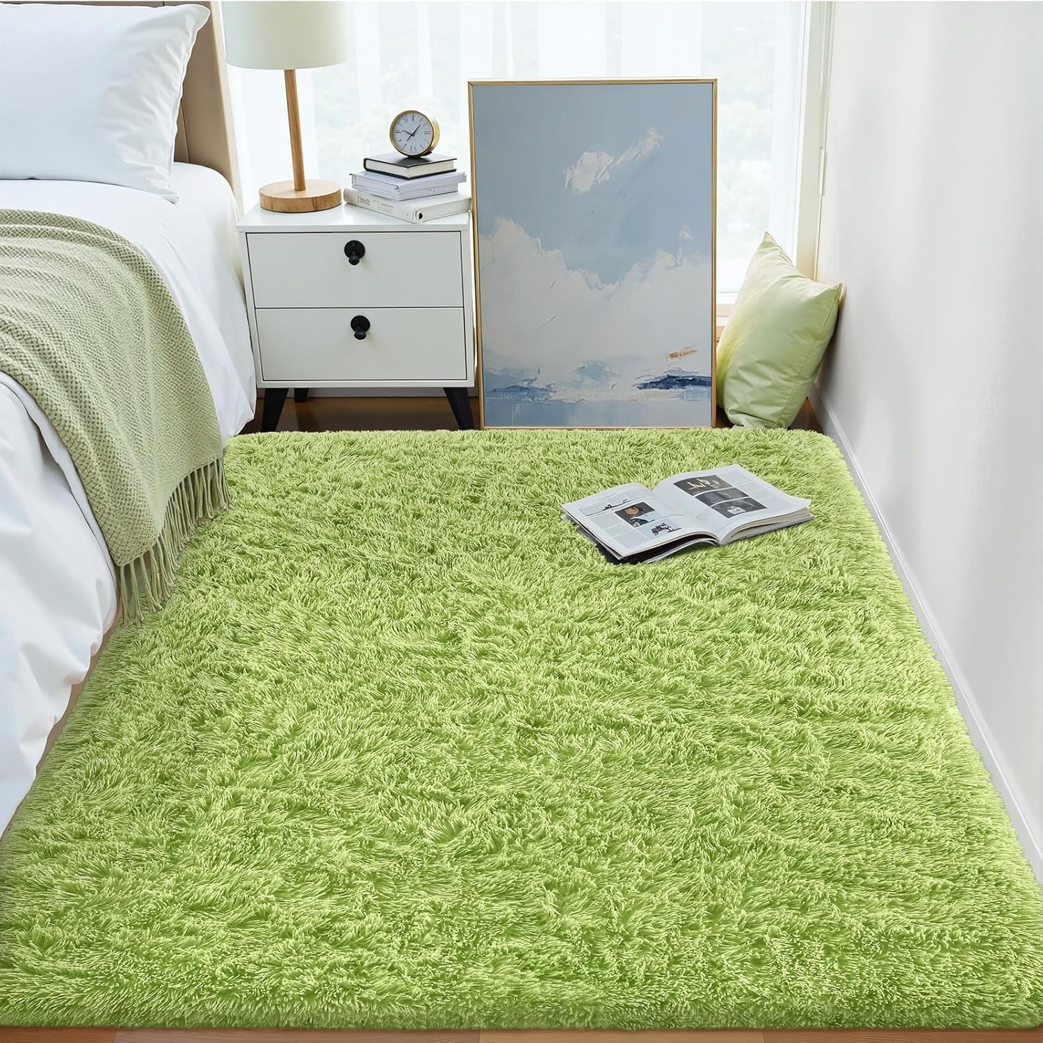 OLANLY 3x5 Soft Fluffy Shaggy Bedside Rug - Machine Washable Indoor Carpet for Kids & Nursery | Grass Green