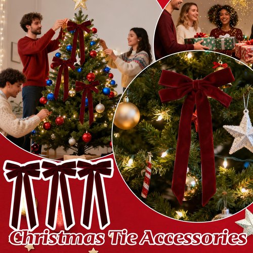 8Pcs Burgundy Velvet Ribbon Bows for Christmas Tree Decorations, 5in x 10in Bows Ornaments for Christmas Tree Wreath Mantle Stair Garland Wreath Gift Wrapping Candy Bags Party Decor (Width of 1")