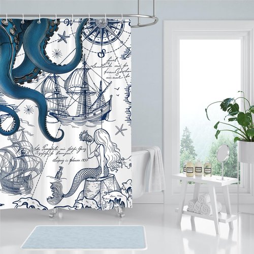 Hopomoon Blue Nautical Octopus Shower Curtain,Navy Blue Octopus and Mermaid Funny Ocean Kraken Waterproof and Moisture-Proof Bath Curtain Summer Decor with 12 Hooks 72 x 72 inch