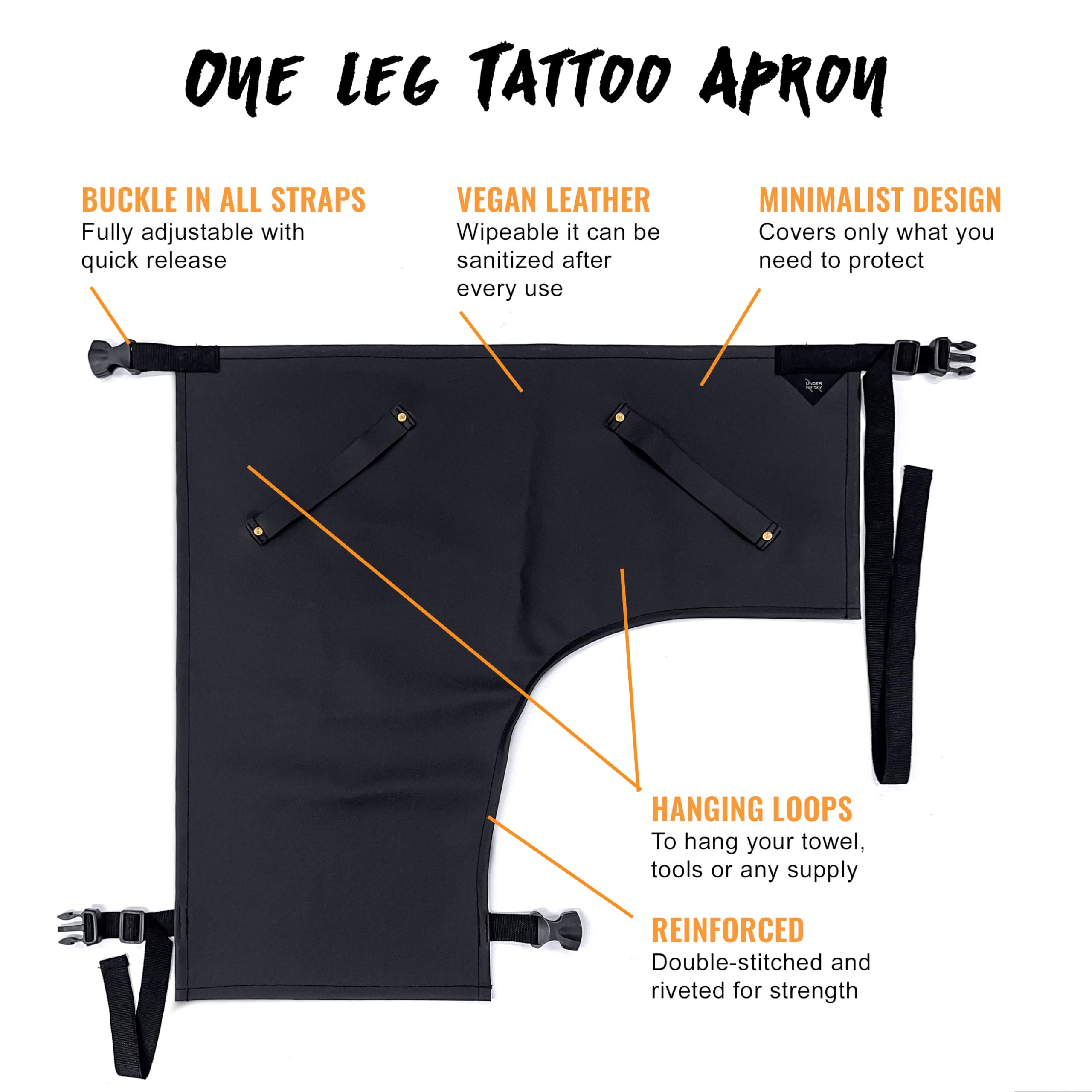 Under NY Sky Tattoo Half Apron - One-Leg Apron - Vegan Leather, Wipeable - Quick-Release Straps - For tattoo artist, Tattooist, Studio, Barber - Right Leg