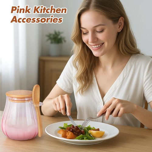 Arrozon 15 oz Pink Sugar Bowl with Bamboo Lid and Spoon,Pink Kitchen Decor and Accessories,Glass Jar with Airtight Lid, Brown Sugar Keeper, Sugar Container for Coffee Bar and office