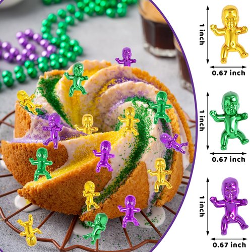 jojnawa 48 PCS King Cake Babies 1 Inch – Mardi Gras Baby for King Cake, Tiny Babies for Baby Shower Favors & Mardi Gras Party Decorations, Purple Green Gold, 48 Pack