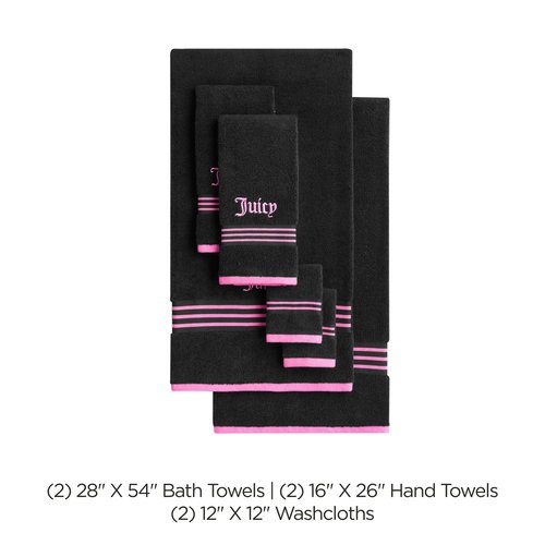 Juicy Couture Black/Hot Pink Border Bath Towels 6-Piece 100% Cotton Bath Towel Set
