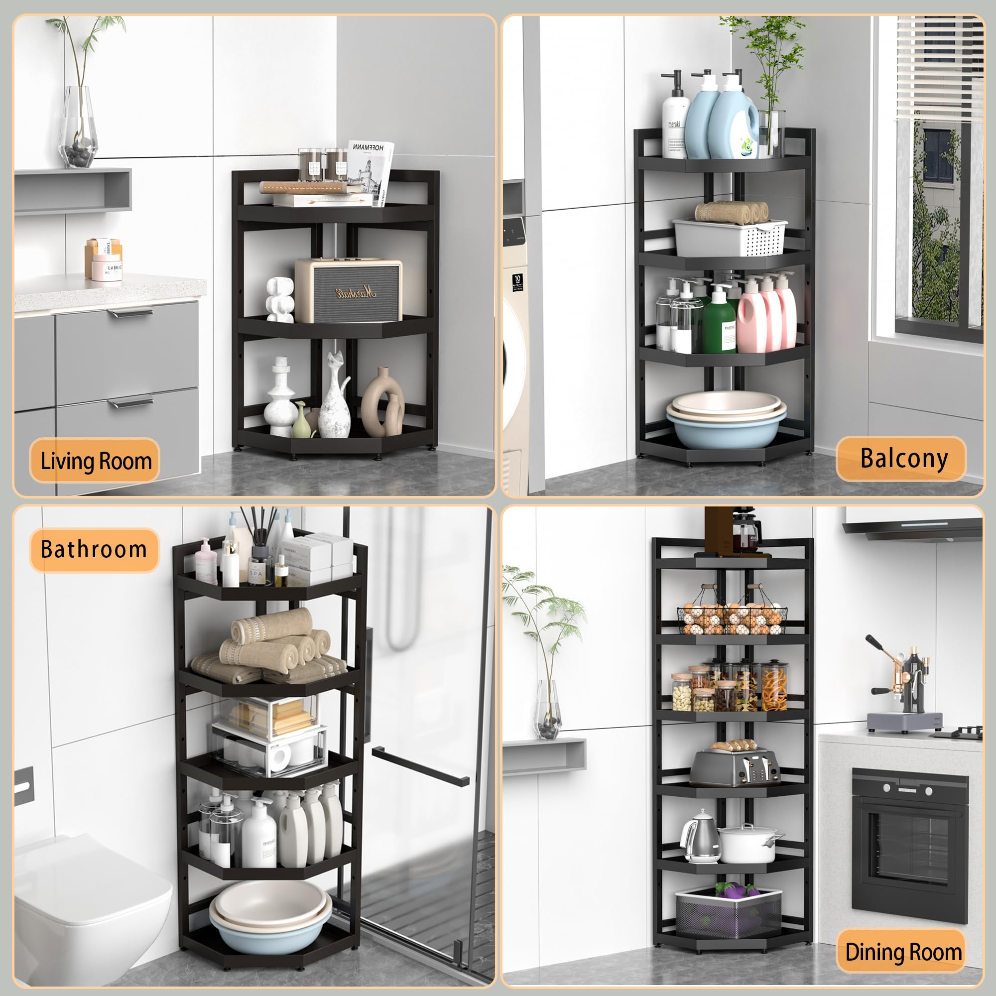 Serxis 5 Tier Standing Corner Shower Caddy,Waterproof and Rust Proof,Adjustable Height,Multi-functional Tiered Storage for Shower Gel,Shampoo,Cosmetics,Kitchen Supplies,Black
