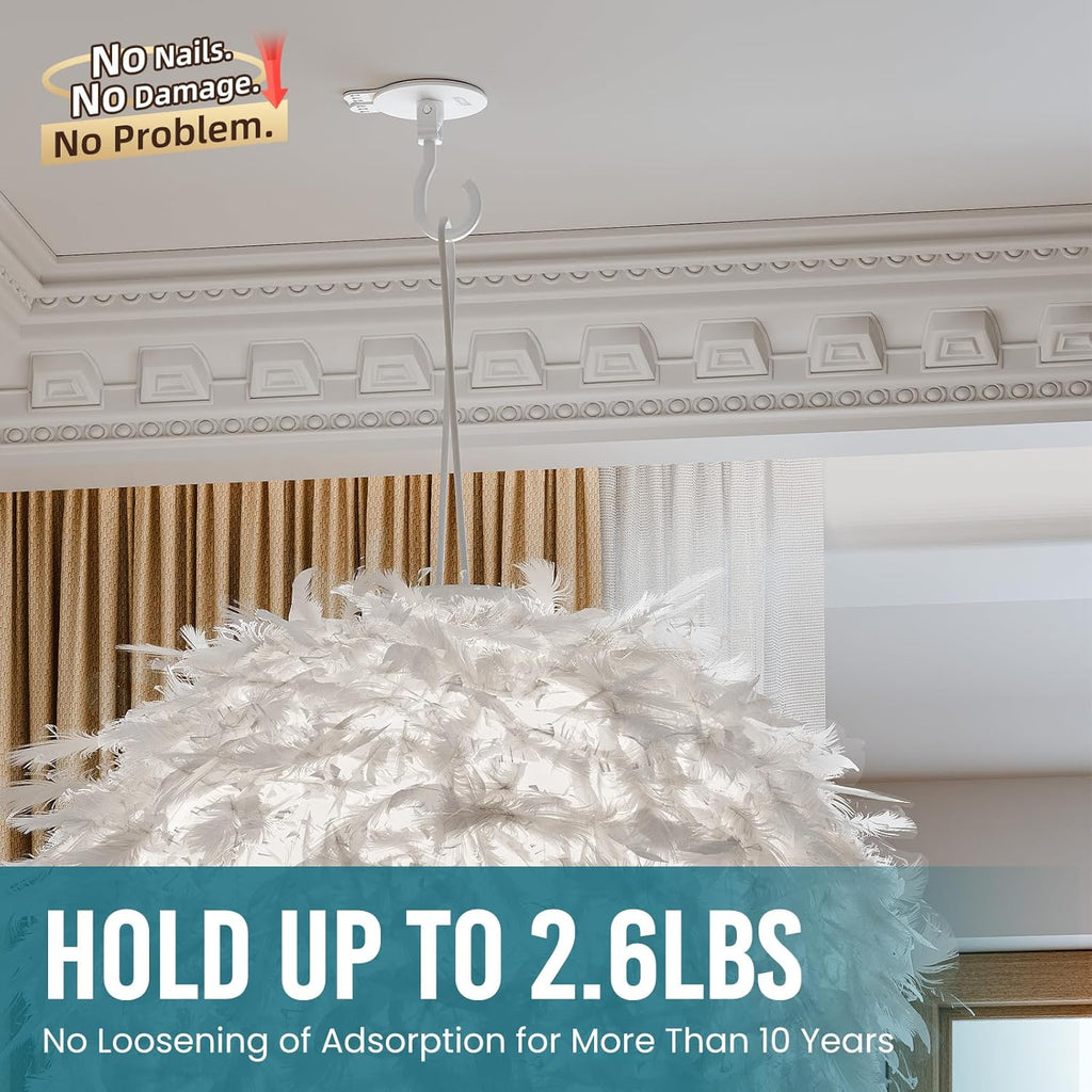 TAILI Heavy-Duty Adhesive Ceiling Hooks - No-Drill Removable Wall Hooks for Plants & Lights | 4 Pack White