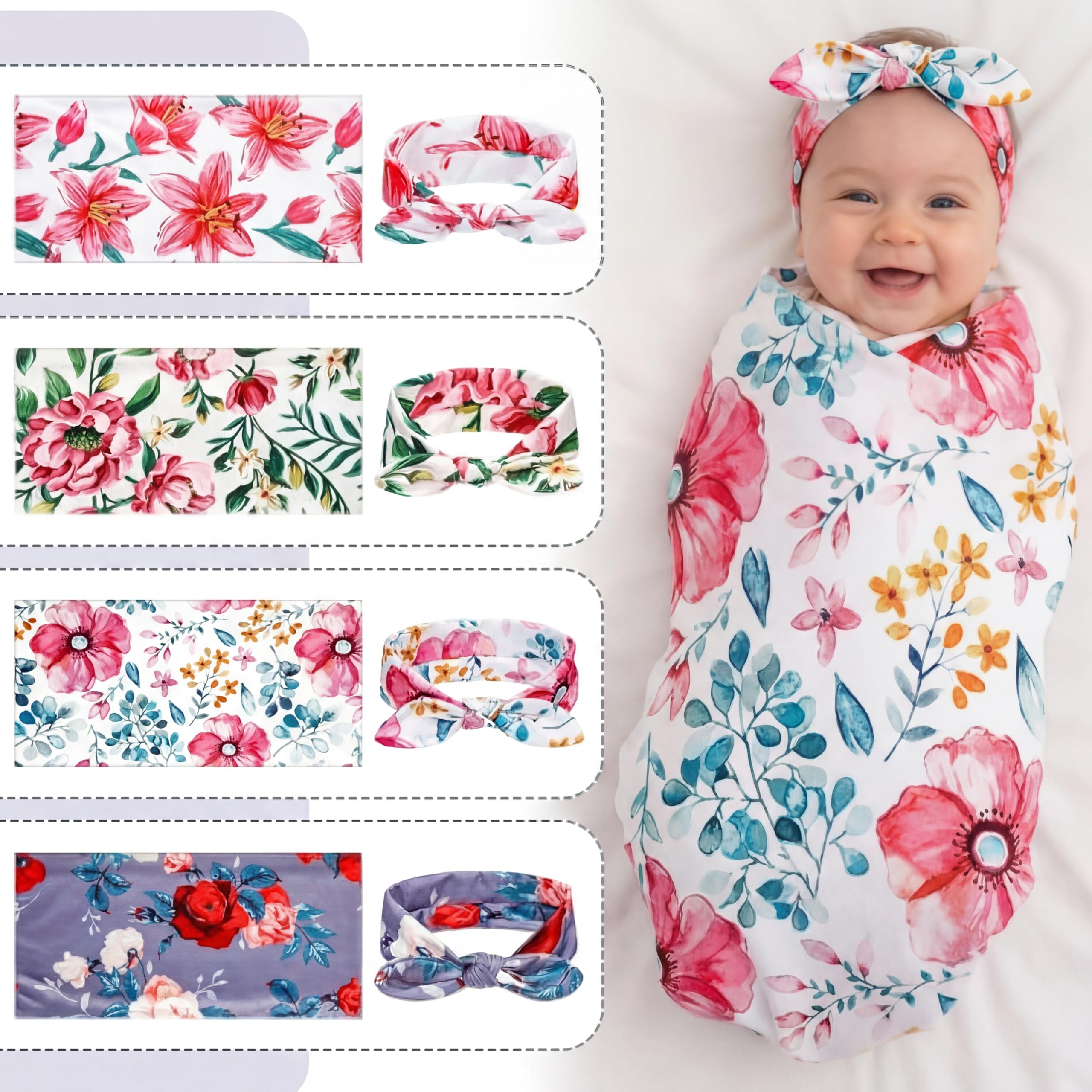 Moukeren 4 Sets Newborn Receiving Blanket Headband Set Baby Flower Swaddle Infant Sleepsack Nursery Blankets for Warm Shower Gifts, 4 Design