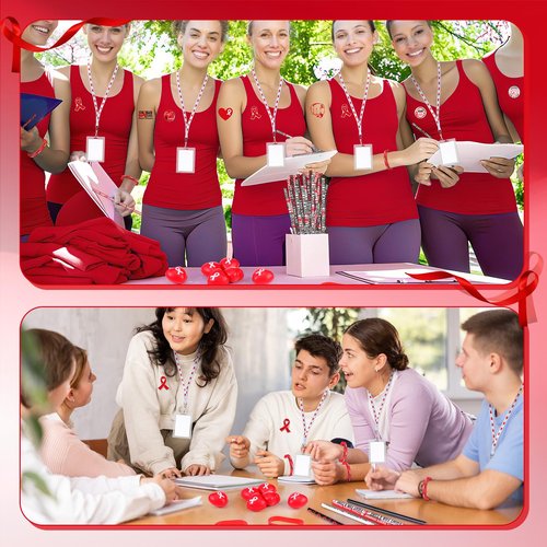 Hollowfly 400 Pcs Red Ribbon Heart Health Awareness Item Includes Ribbon Awareness Silicone Wristband Key Chain Pencil Cutout Lanyards Button Pin Sticker for Charity Fundraising Party Supply