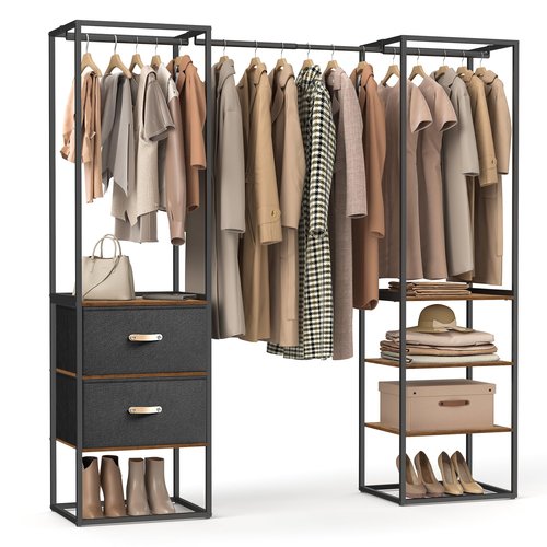 SONGMICS Clothes Rack, 70.9 Inch Wardrobe Freestanding Closet, Heavy Duty Garment Rack with 1 Extendable Hanging Rod, 2 Drawers and 4 Shelves, for Bedroom, Space-Saving, Rustic Brown URGR003B01