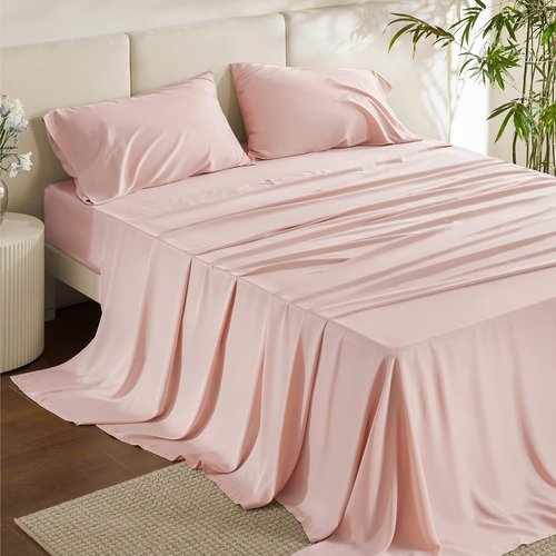 Bedsure Queen Sheet Set - Cooling Rayon from Bamboo | Breathable & Soft Deep Pocket Bedding in Pink