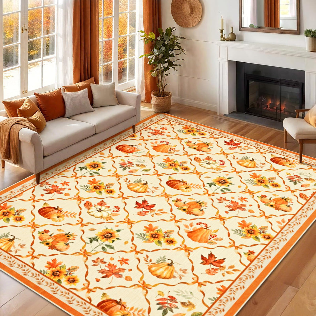 Likiyol Fall Area Rug 3x5 Rugs for Bedroom, Non Slip Washable Rugs for Living Room Soft Faux Cashmere Thanksgiving Pumpkin Bedroom Rug Low Profile Throw Rugs for Dining Room, Kids Room Decor, Beige