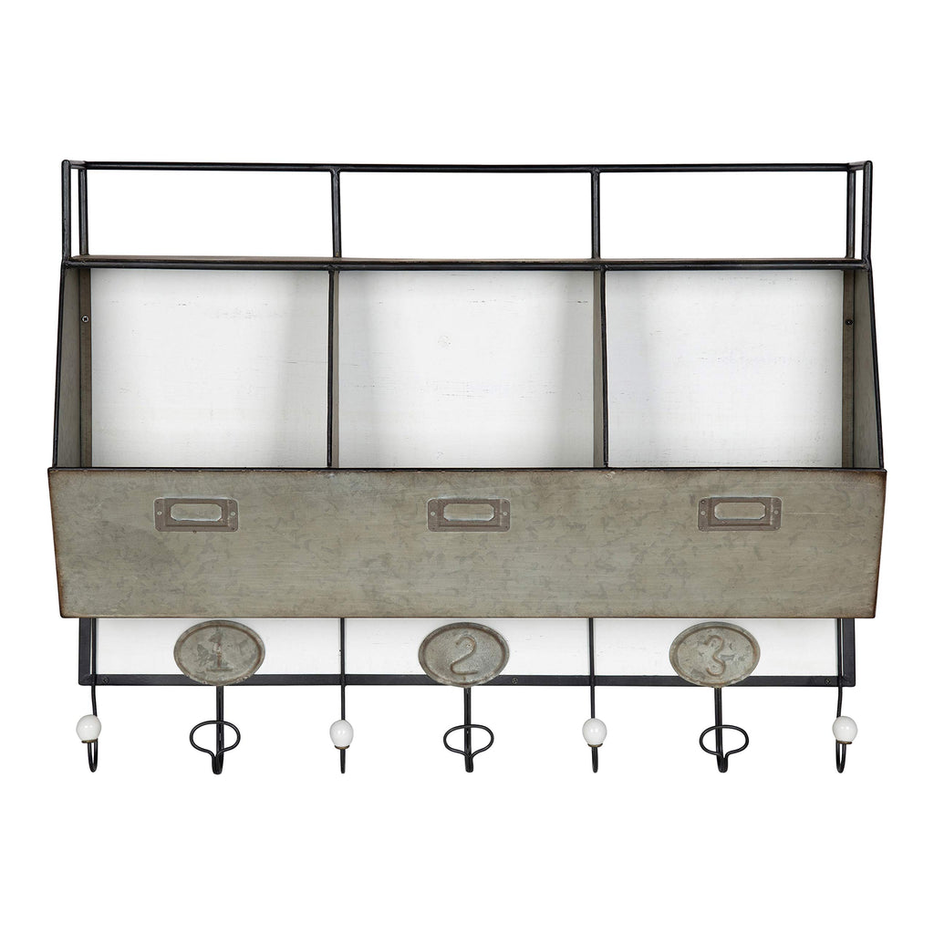 Kate and Laurel Arnica Antique White Wood and Metal Wall Storage Pockets with Hooks