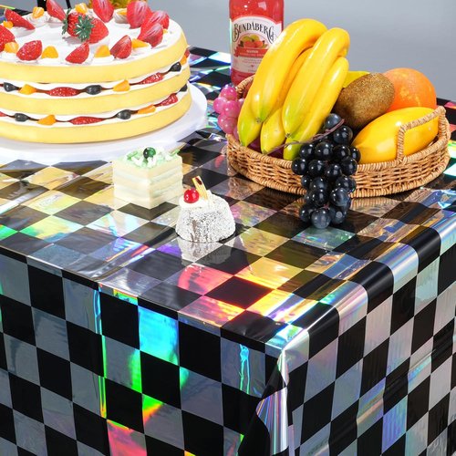 Checkered Plastic Tablecloths by Iridescent | Shiny Disposable Laser Rectangle Covers - 54x108 Inch