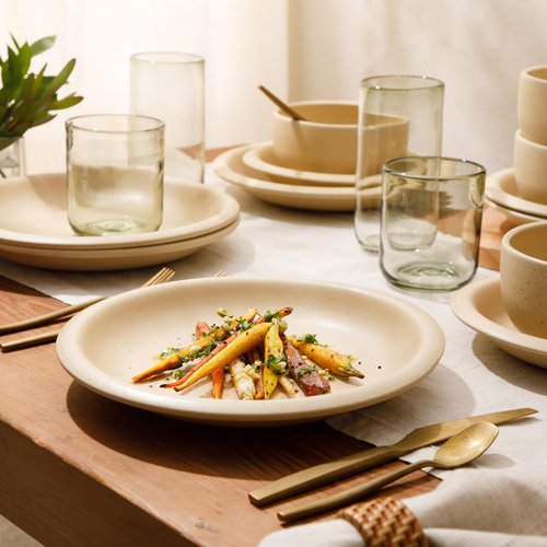 Bloomhouse - Two Time Oprah's Favorite Things Winner - Corsica Clay 12 Piece Stoneware Rustic Reactive Glaze Dinnerware Set - Stackable Plates Bowls Set. Service for 4 - Matte Finish Cappuccino Cream
