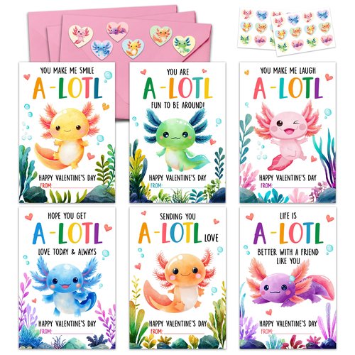 HUNIGIFT Axolotl Valentines Day Exchange Card, 36 Packs for Kids, School, Party Favors - Axolotl Valentine Cards, Animal Valentines Day Cards - 3.2''x 4.7'' Cute 6 Designs with Envelopes, Stickers