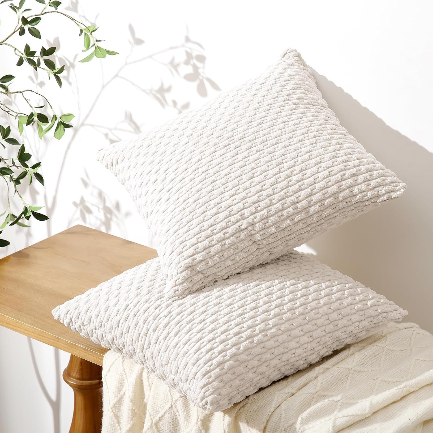 Softalker Throw Pillow Covers - Set of 2 Soft Corduroy Boho Stripe 18x18 Inch Decorative Covers | Beige for Farmhouse Decor