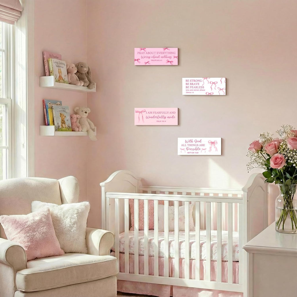 Skiennix Pink Bow Coquette Wooden Wall Decor - Inspirational Christian Art for Nursery & Bedroom