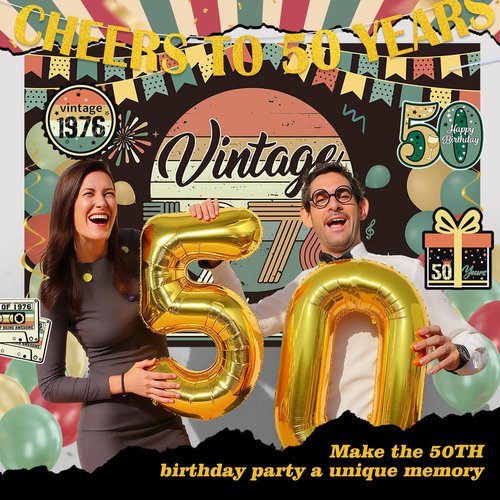 47Pcs 50th Birthday Decorations for Men Women, PRE-STRUNG Vintage 1976 Banner Party Supplies,Back in 1976 Backdrop,Cake Topper,Balloons,6 Table Centerpieces,Hanging Swirls,Paper Pompoms PRE-ASSEMBLED