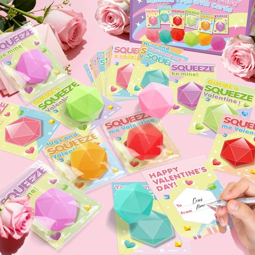 KIZZYEA Valentines Party Favors, 24 Pack Valentines Day Cards for Kids School with Diamond Squeeze Stress Balls, Valentines Day Gifts for Kids, Stretchy Toy for Classroom Prizes for Boys Girls