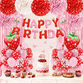 CM ZH set Strawberry Birthday Decorations with Red Pink White Paper Pompoms Red Pearl Pink Balloons Happy Birthday Banner Fringe Curtain for Gender Reveal Strawberry Baby Shower Decorations