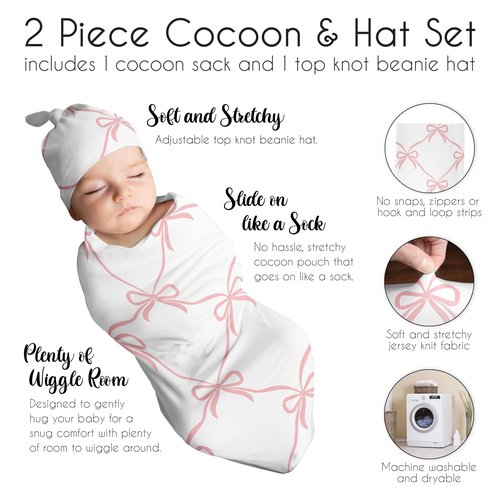Sweet Jojo Designs Baby Cocoon Swaddle & Beanie (Pink Bows) for Girls, Infant/Newborn Wearable Blanket Jersey Set, Going Home Outfit (Blush, Bow for Ballerina, Ballet Dancer, Princess Collection)