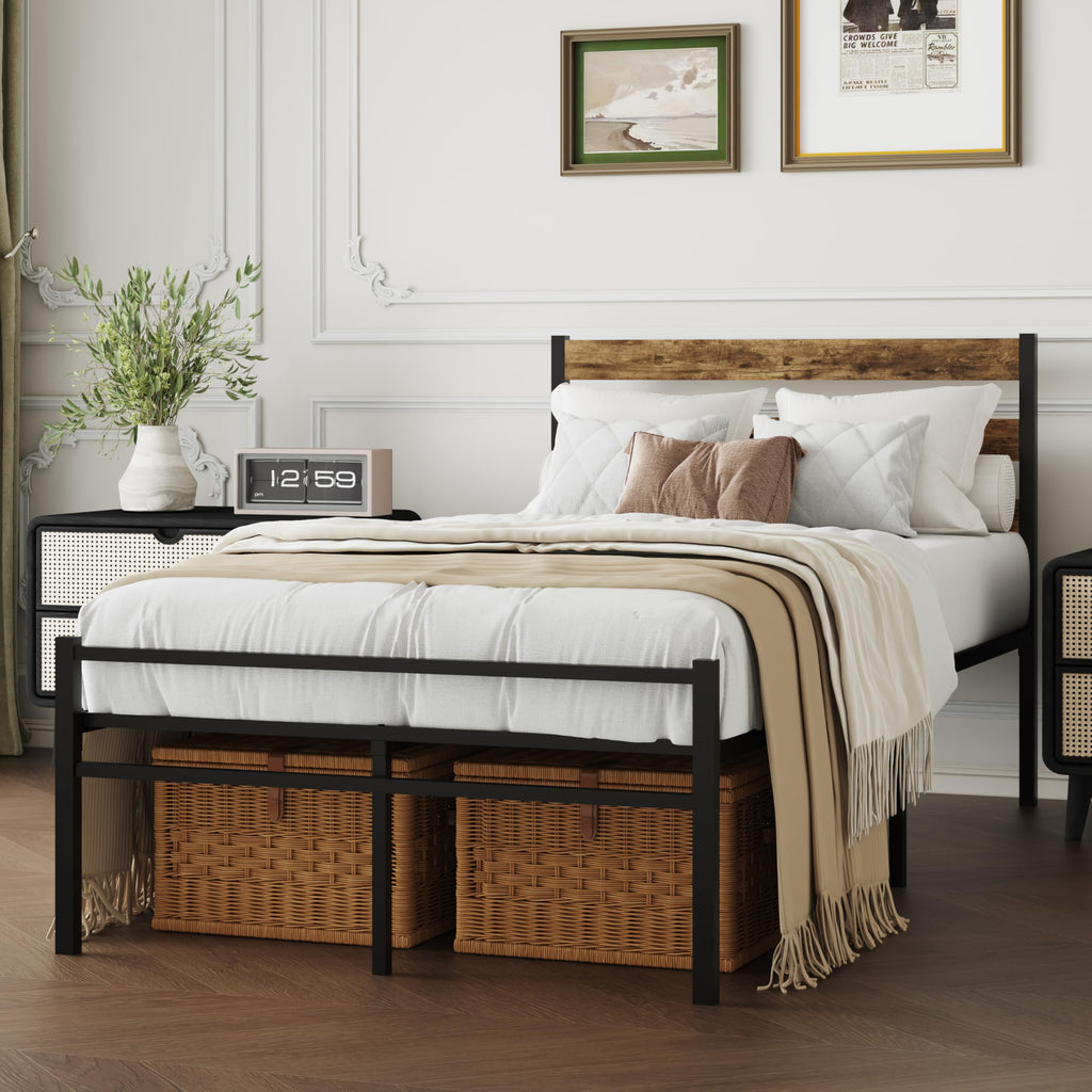 ZZBINUS Metal Platform Bed Frame with Headboard, Twin Size 39.0W x 77.7L x 36.2H inches, Wood and Faux Leather, Walnut (Walnut Colour, Twin)