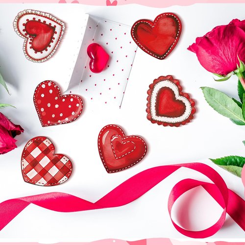 Cinnvoice 6 Pack Valentine's Day Wood Heart Sign Heart Tiered Tray Decor Wooden Valentines Decorations Red Pink Blocks for Table Weeding Anniversary Party(Classic)