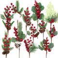 Pinecones Red Berry Picks - 12 Pcs Christmas Floral Stems for Wreaths & Tree Decor