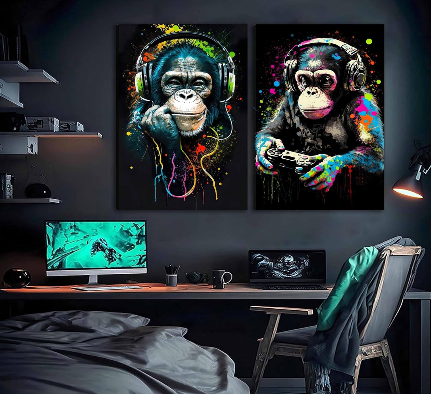 **Graffiti Gaming Canvas Wall Art - Vintage Watercolor Chimpanzee Poster for Boys' Game Room Decor**