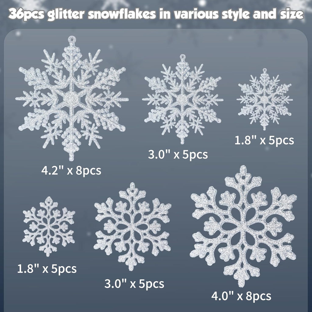 Skiennix 36-Piece Christmas Silver Snowflake Ornaments - Glittery Winter Tree Decorations