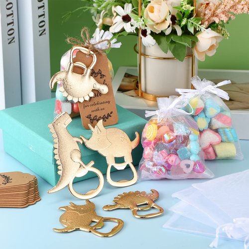 54 Pcs Dinosaur Bottle Openers Baby Shower Return Favors for Guests Bottle Opener Decorations and Souvenirs with Organza Bags Thank You Tags for Dinosaur Party Favors