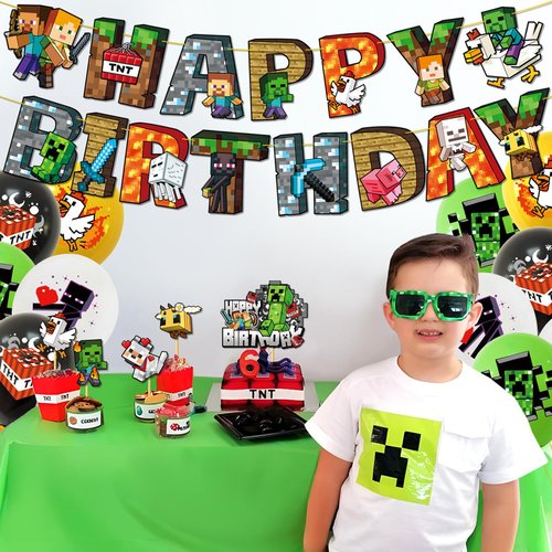Pixel Birthday Party Decorations, Game Styled Gamer Party Supplies, lnclude Happy Birthday Banner, Balloons, Cake Toppers, Cartoon Party Celebrate Supplies