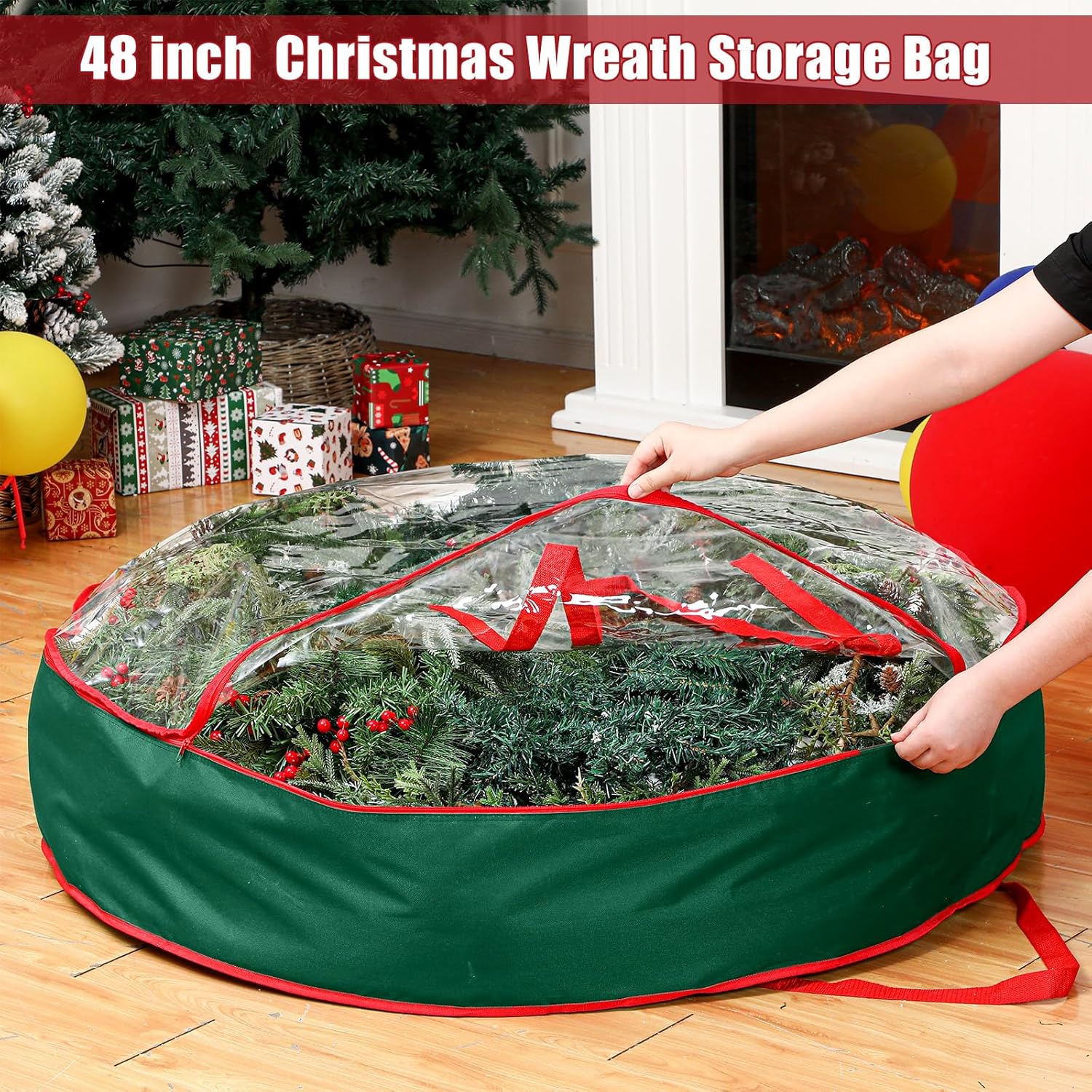 Abbylike Extra Large Christmas Wreath Storage Bag - Clear Zippered Container with Handles | 48'' Green
