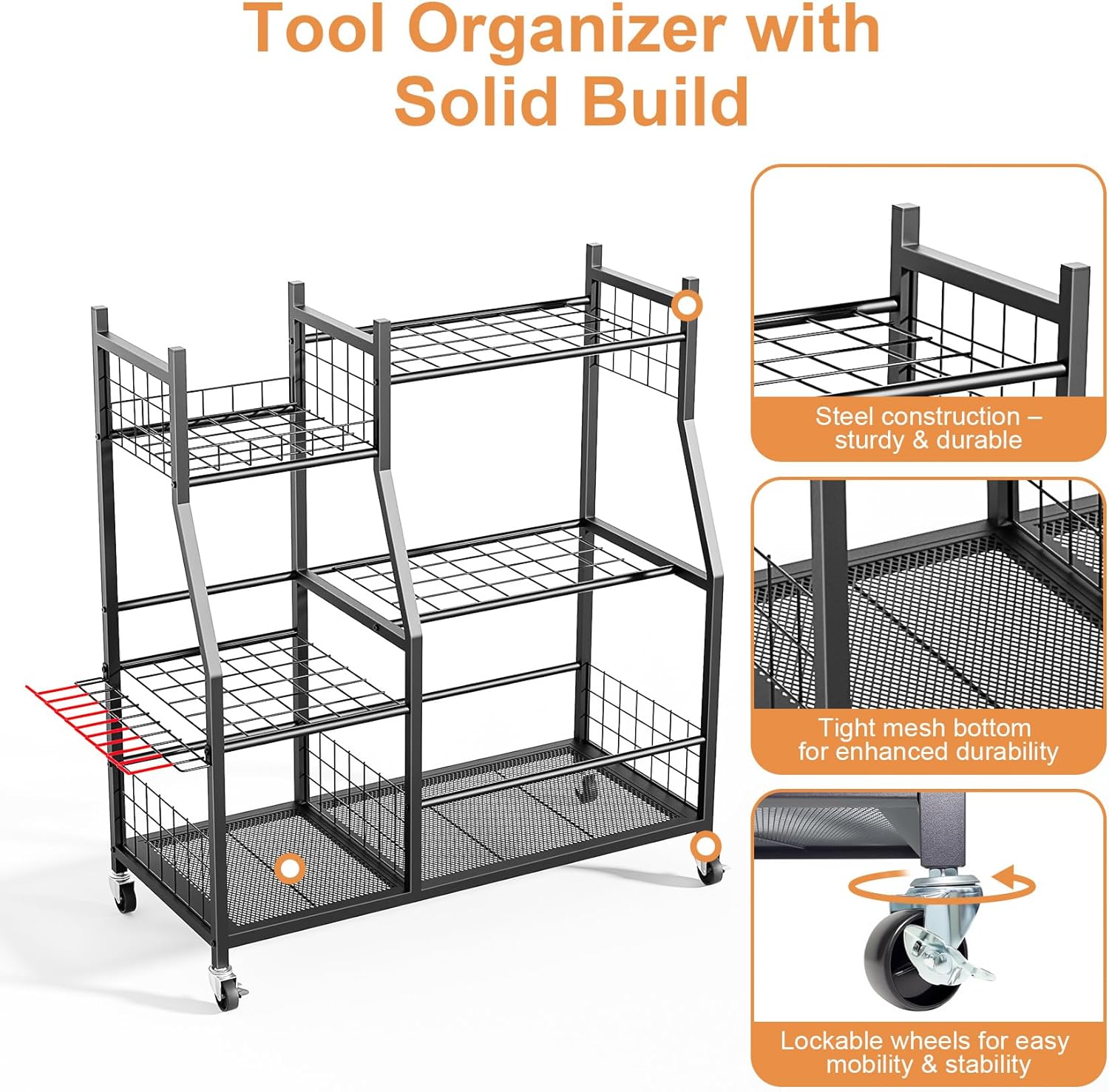 Skiennix Garden Tool Organizer - Freestanding Rolling Cart for Long Handled Tools | Yard Storage Rack