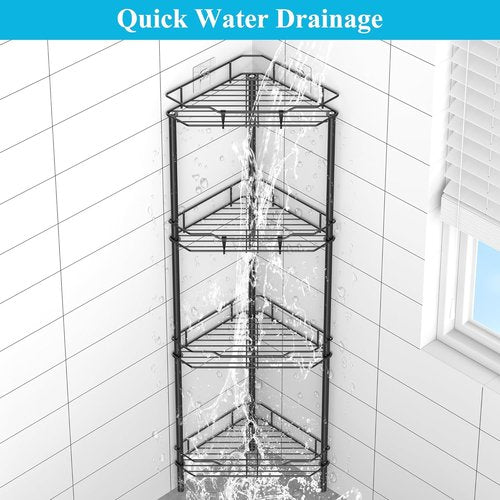 HuggieGems Corner Shower Caddy Organizer - 4 Tier Floor Standing Shelf with Hooks, Black