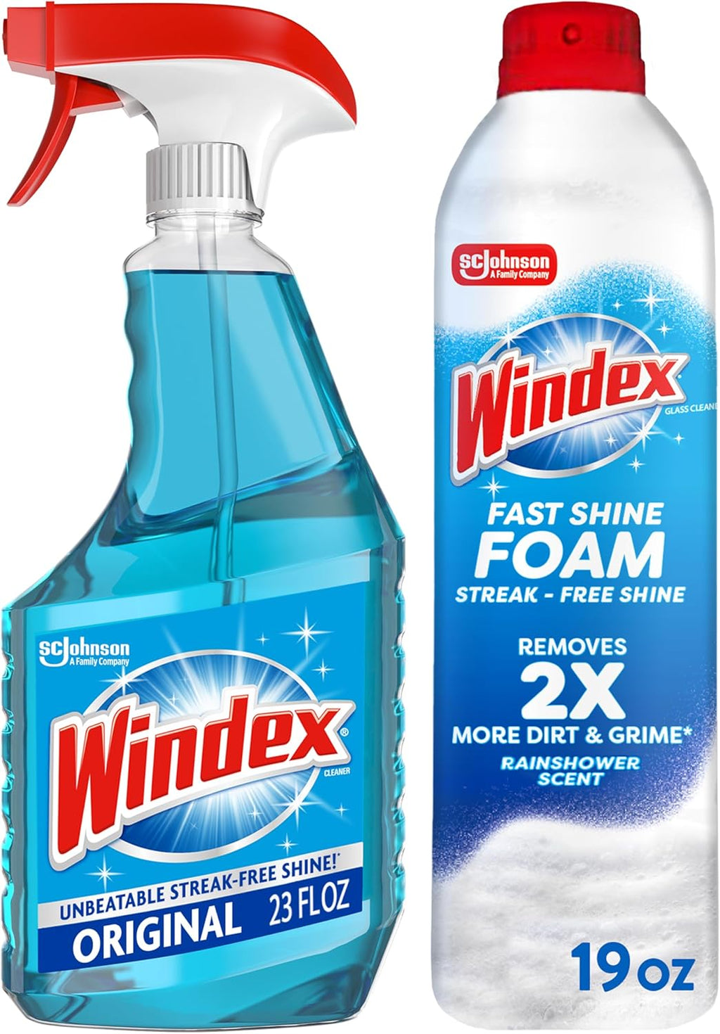 Windex Glass Cleaner - Original Blue 23oz Trigger Spray & 19oz Fast Shine Foam Bundle