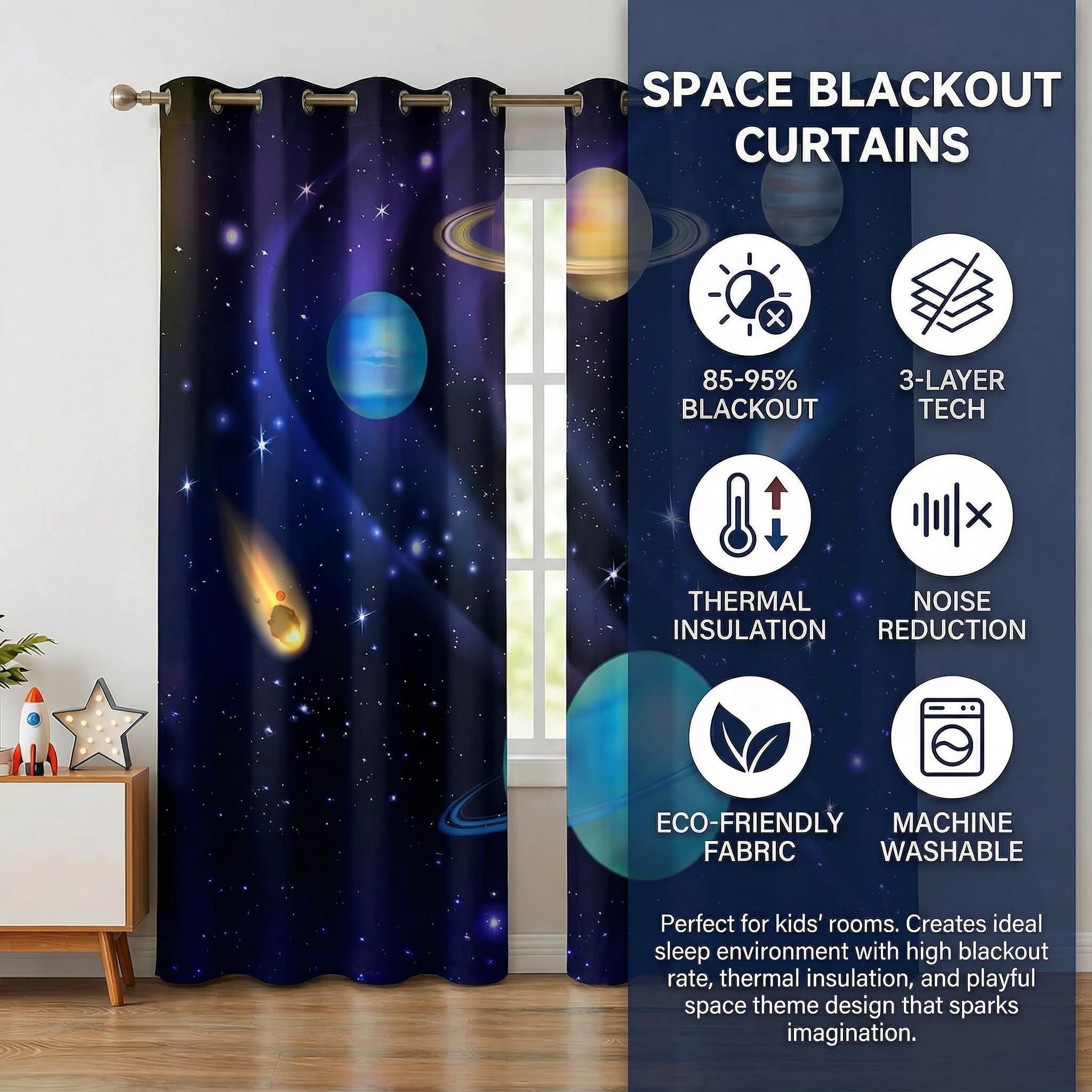 terxgrl Space Curtains for Boys Room, Galaxy Outer Space Blackout Window Curtains, Solar System Planets Darkening Drapes for Kids Bedroom Playroom, 72 x 63 Inch