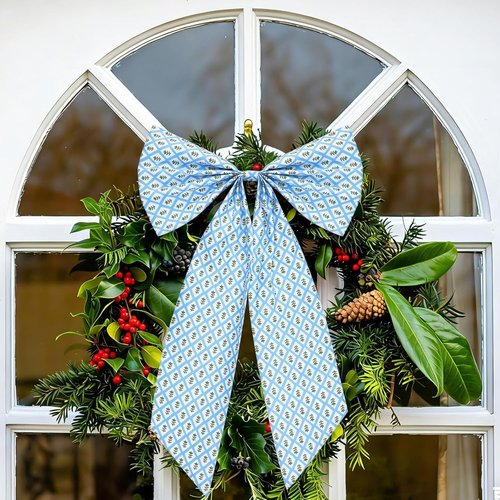HunnmingRe Christmas Wreath Sash - 2 Pcs Blue & Green Block Print Burlap Bow | 24 x 16 Inch Indoor/Outdoor Decor