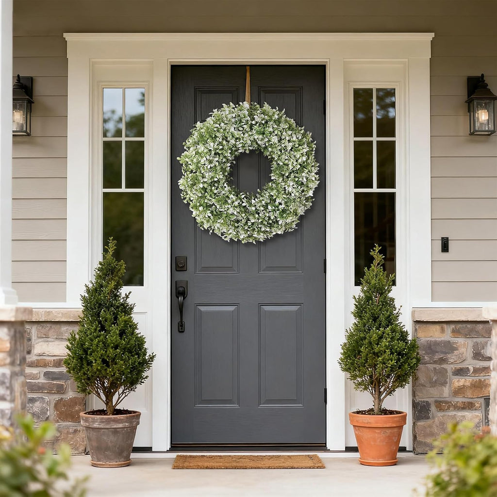 Skiennix 26" Artificial Boxwood Wreath - Large Faux Aglaia Odorata for Year-Round Outdoor Decor | White-Green